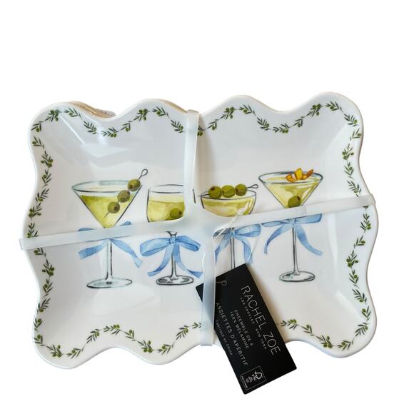 Rachel Zoe Cocktails & Bows Melamine Appetizer Plates 9x6 Set of 4 Scalloped NEW - Picture 11 of 14
